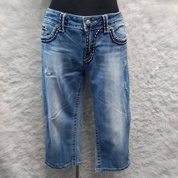 Miss Me Women's Blue Low Rise Thick Stitch Flap Pockets Cropped Denim Jeans - Picture 2 of 11